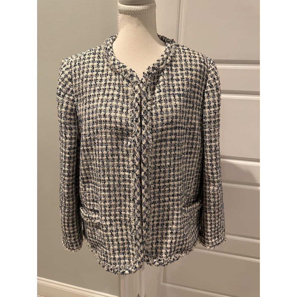 Ann Taylor Women's Tweed Jacket Size 14 Blue White Check Crew Neck Lined Blazer